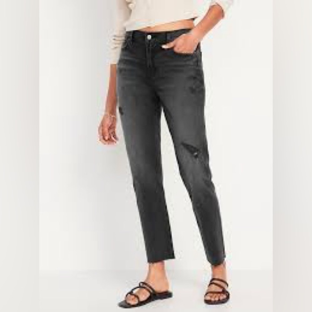 Old Navy Mid-Rise Boyfriend Straight Ripped Black, Gray Jeans, Size 10